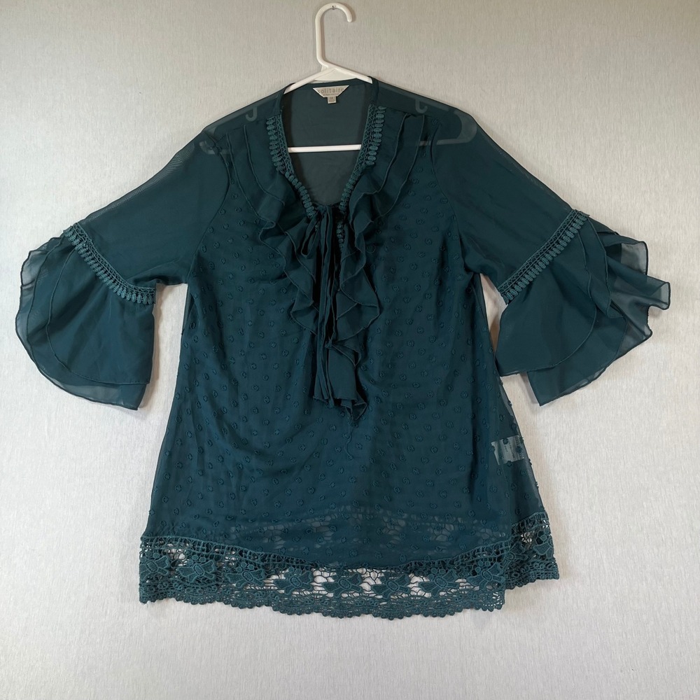 Solitaire Top Medium Dark Teal Swiss Dot Ruffle Neck Lace Hem Bell Sleeve Blouse